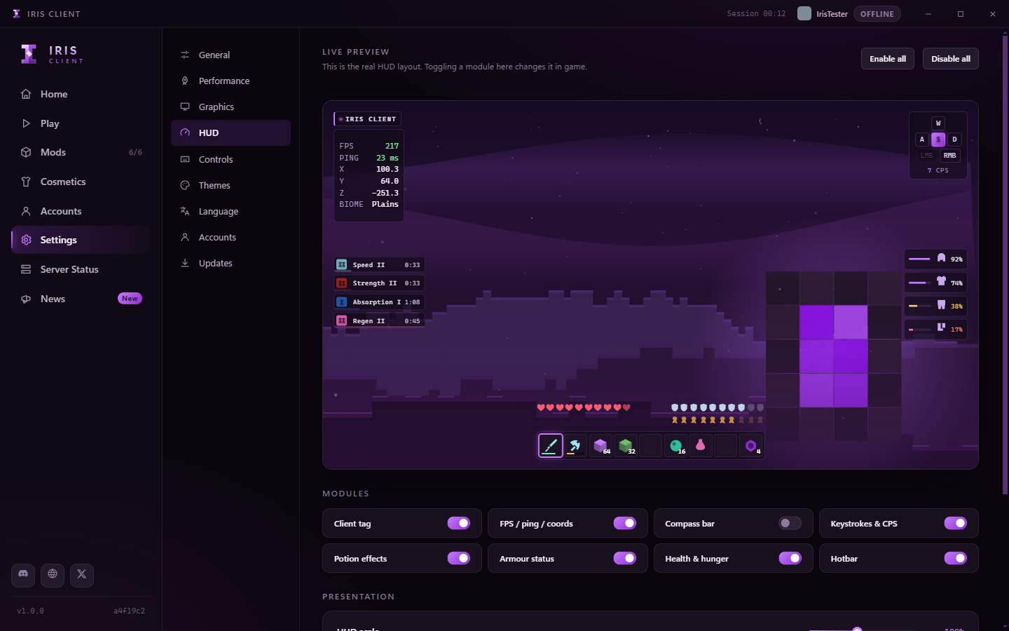 The HUD settings panel showing a live preview of the in-game overlay with frame rate, potions, armour and hotbar.