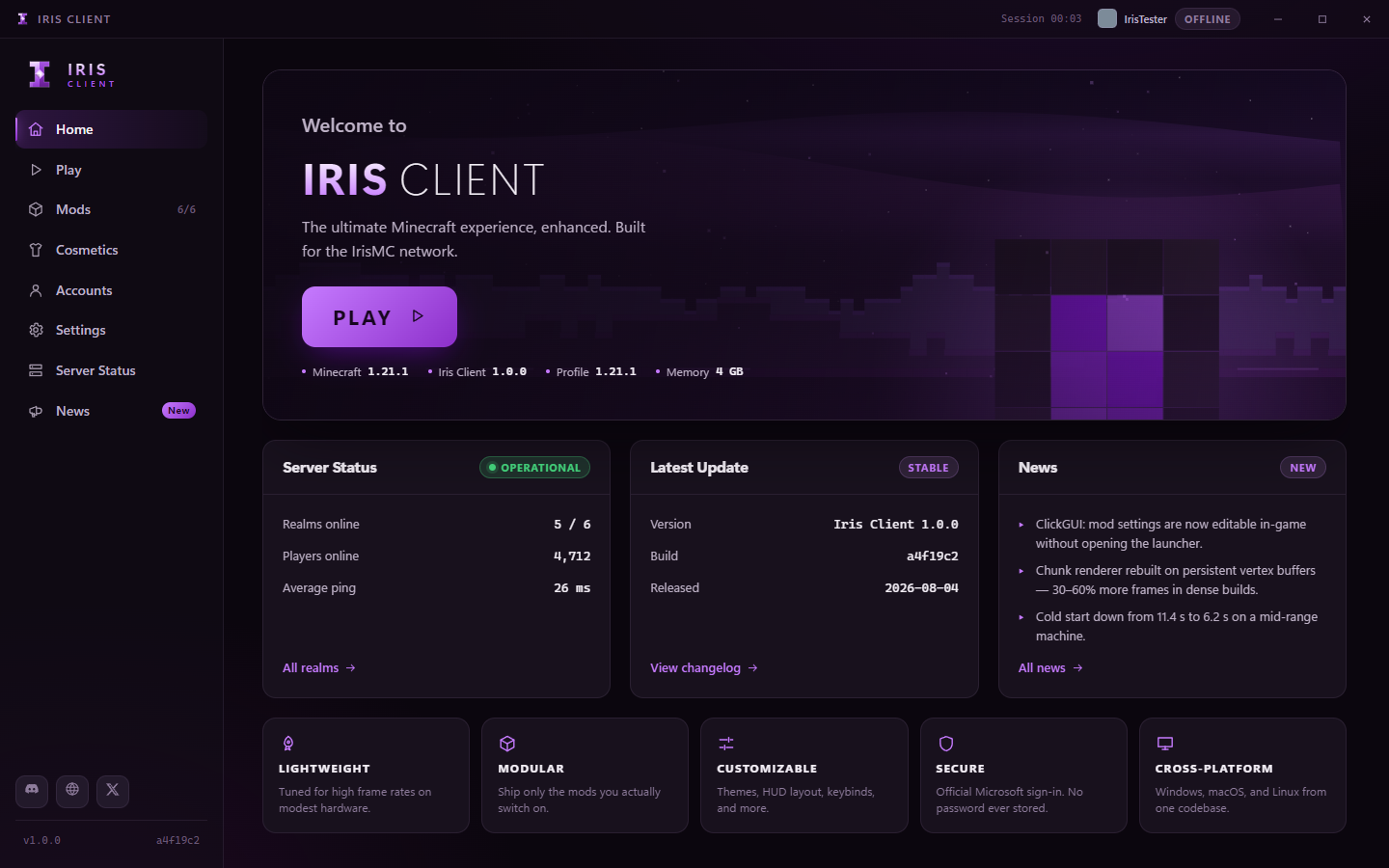 The Iris Client launcher home screen, showing the play button, server status and release notes.