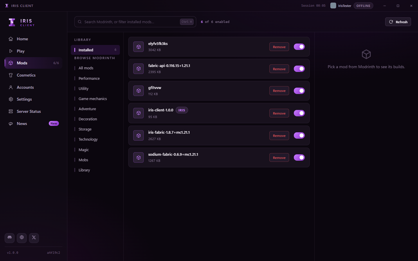 The mod manager listing installed mods with enable switches and a Modrinth browser.