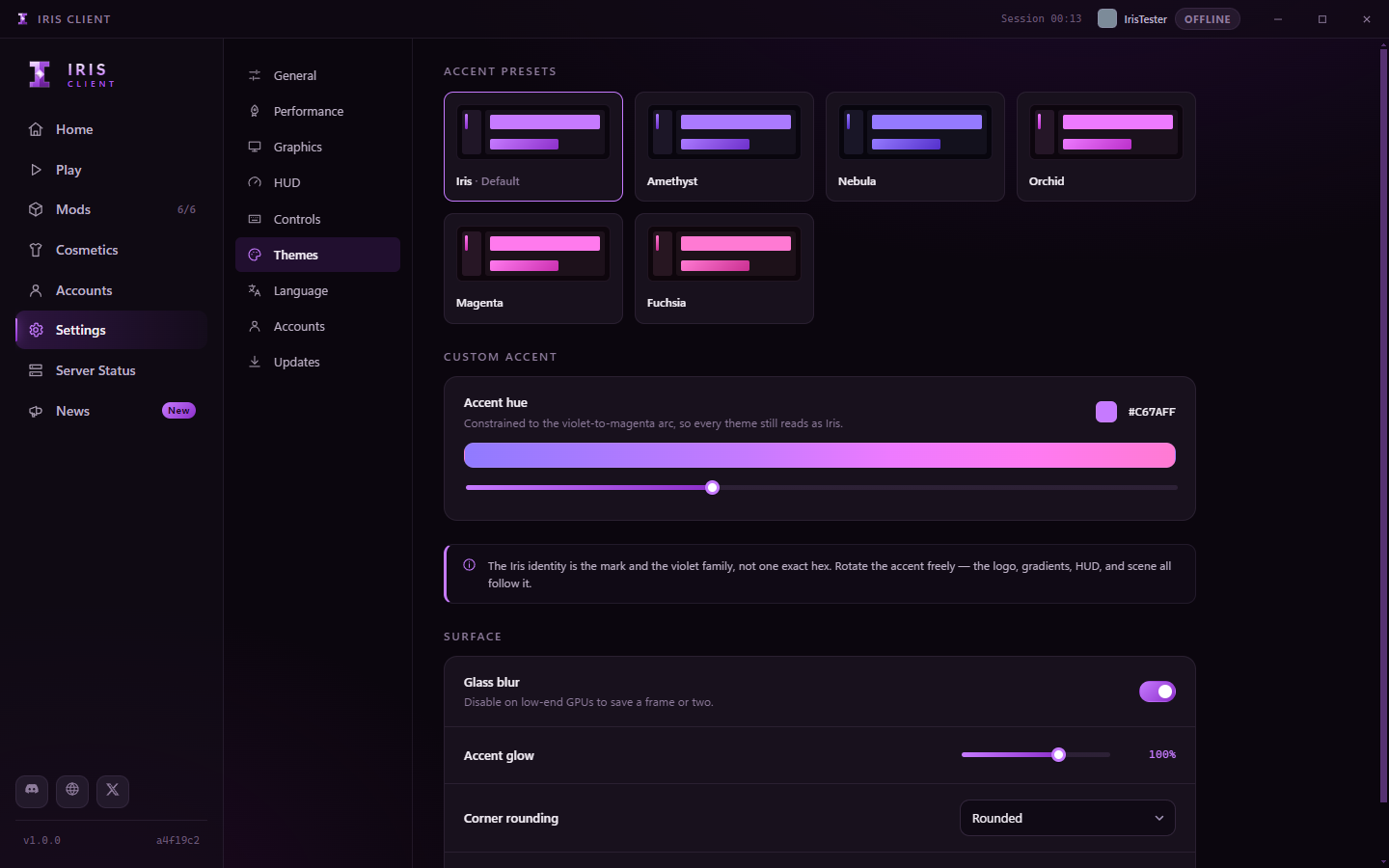 The themes panel with six accent presets and a constrained hue slider.